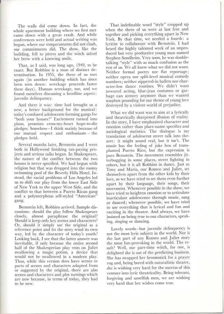 Notes on "West Side Story" in the original program.
