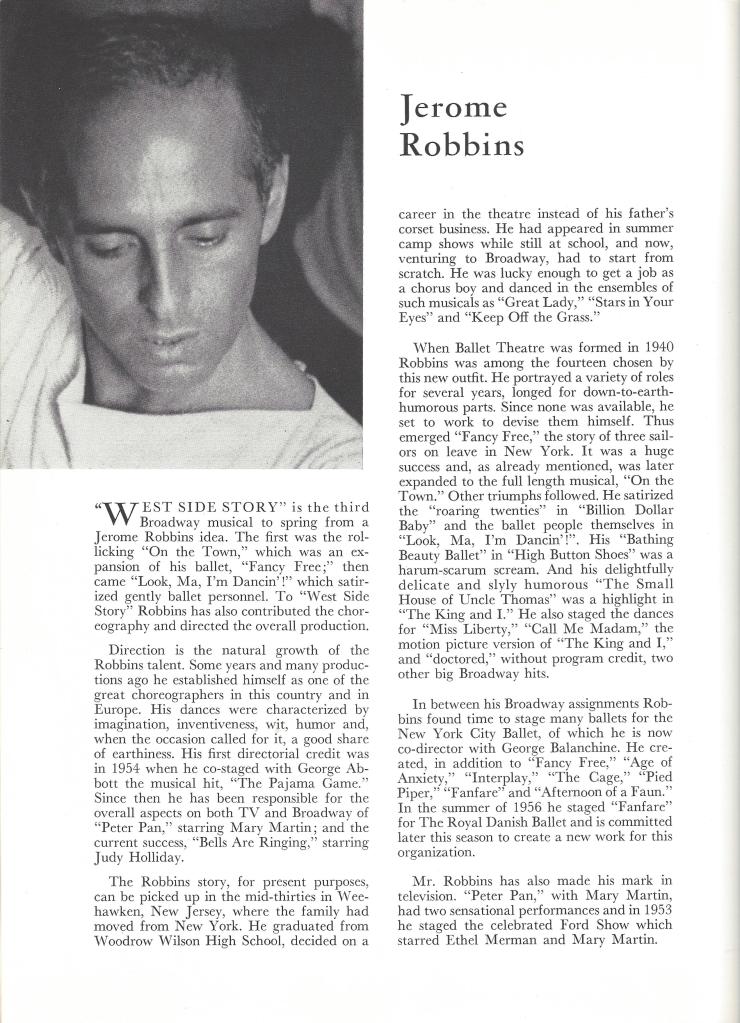 Biography of Jerome Robbins, accompanied by portrait, in the original program for "West Side Story."