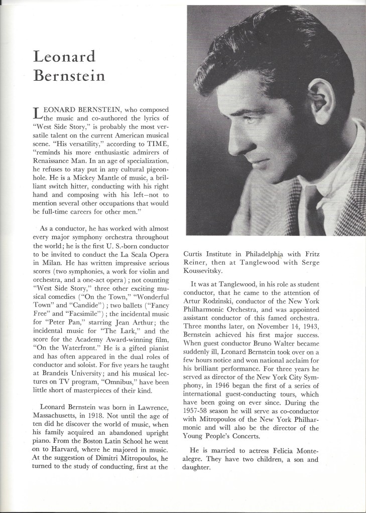 Biography of Leonard Bernstein, accompanied by portrait, in the original program for "West Side Story."
