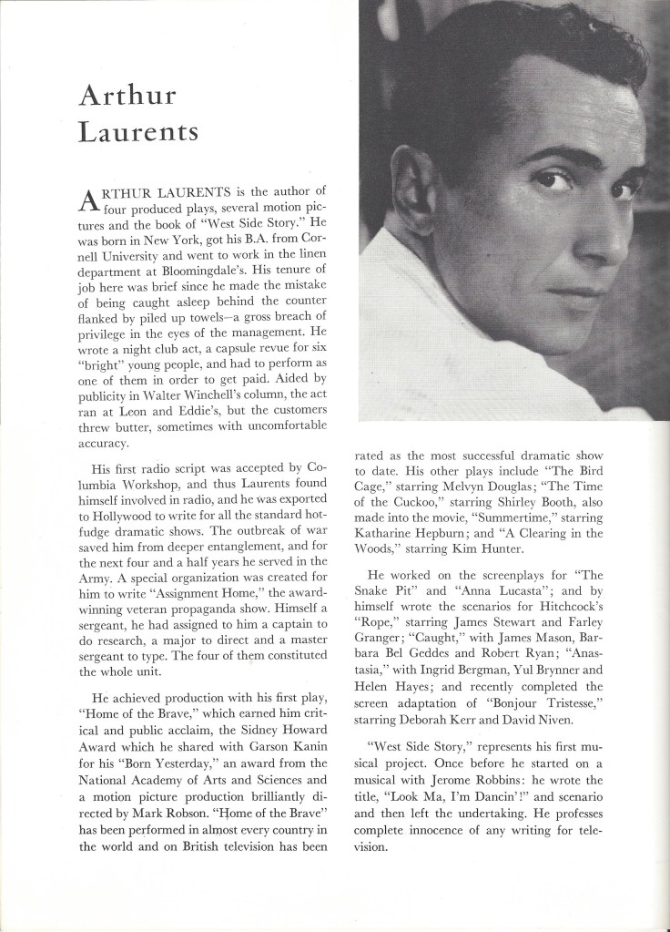 Biography of Arthur Laurents, accompanied by portrait, in the original program for "West Side Story."