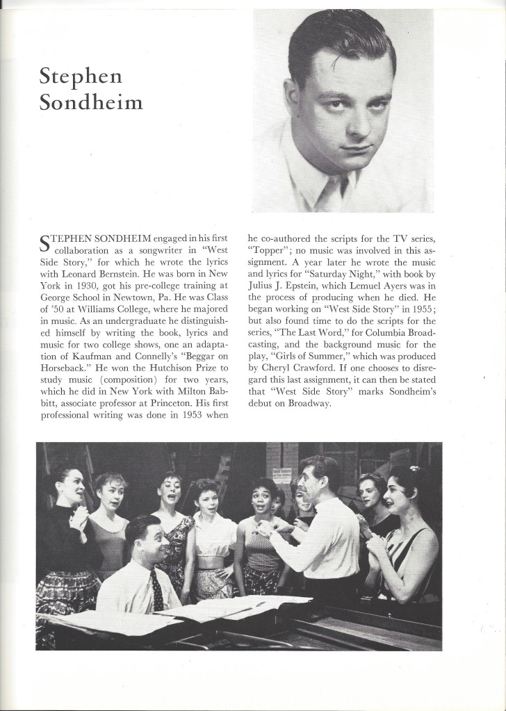 Biography of Stephen Sondheim, accompanied by portrait, in the original program for "West Side Story."