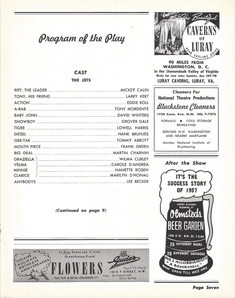 Cast list in the original Playbill for "West Side Story."