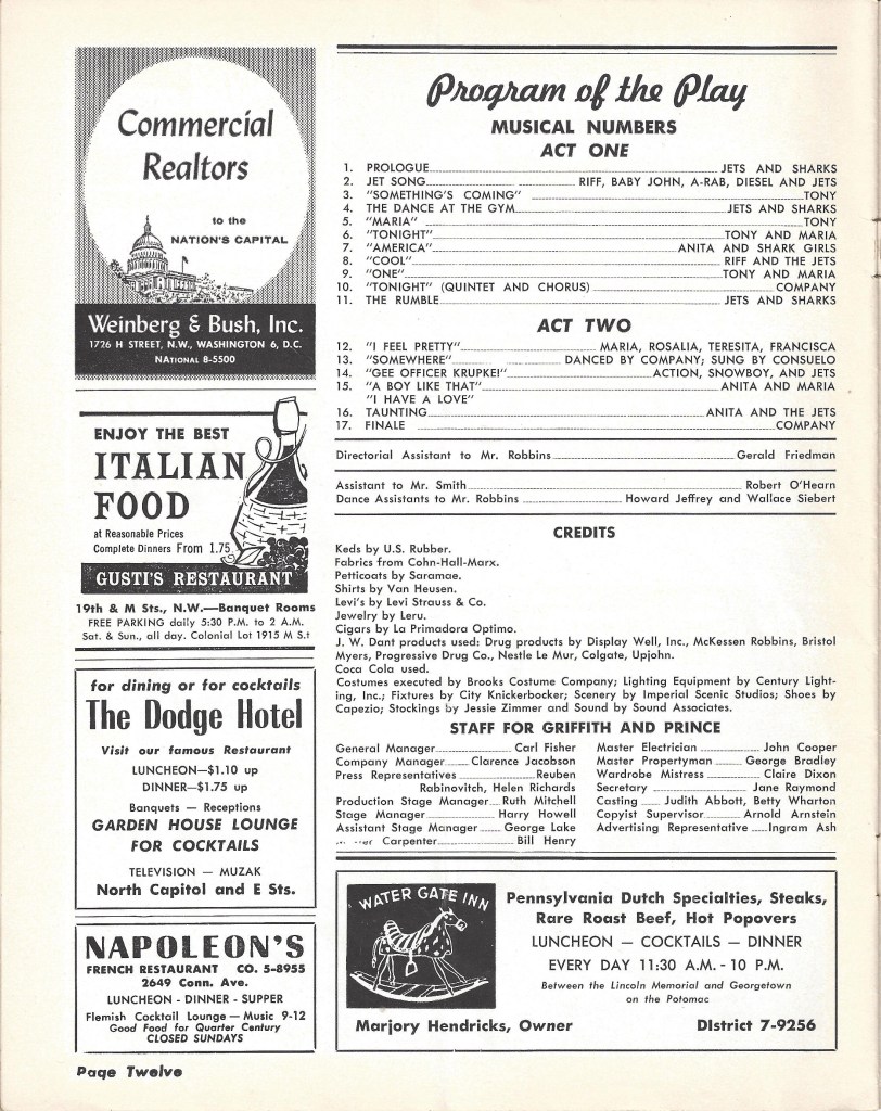 List of musical numbers in the original Playbill for "West Side Story."