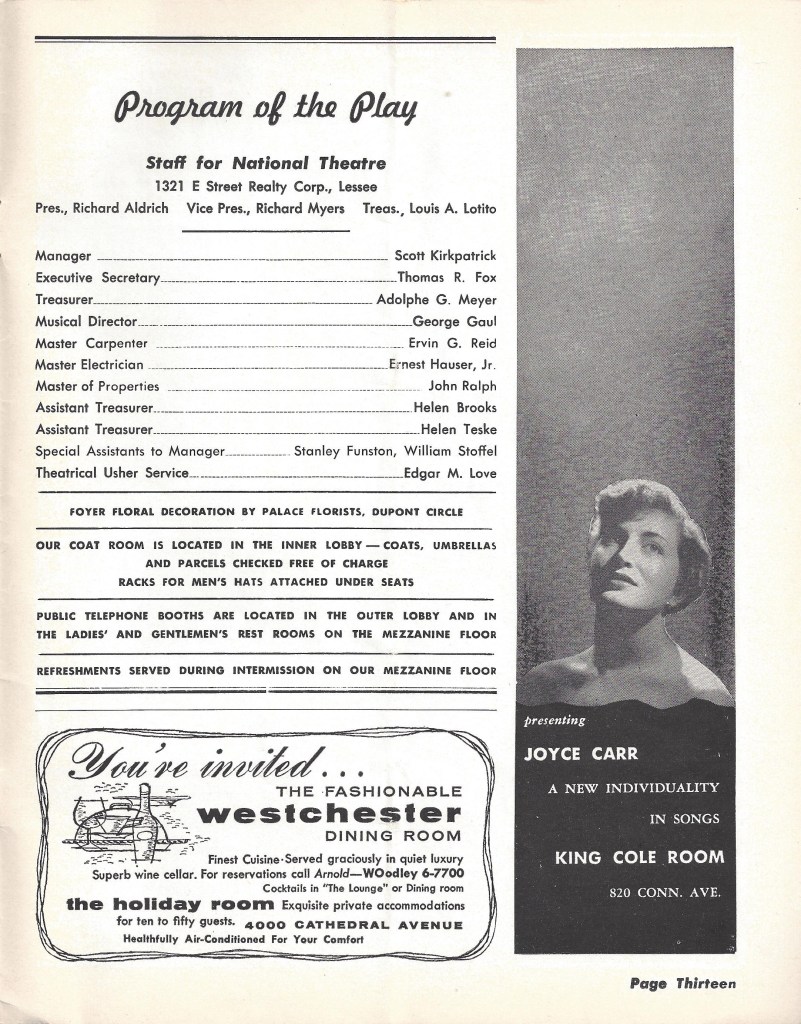 List of National Theatre staff in the original Playbill for "West Side Story."