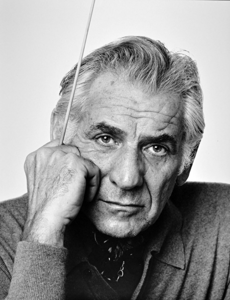 Black and white portrait of Leonard Bernstein.